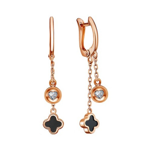 Золотые серьги подвески с ониксом, фианитами Клевер сердце MASKOM ACD-1059