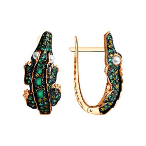 Золотые серьги с зелеными агатами, жемчугом и фианитами Крокодилы аллигаторы SOKOLOV 792402