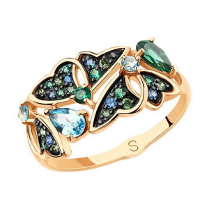 Золотое кольцо с топазами swiss и турмалинами Бабочки SOKOLOV 715632