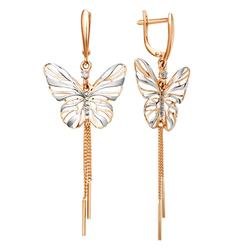 Золотые серьги подвески с фианитами Бабочки DINASTIA 001752-1102