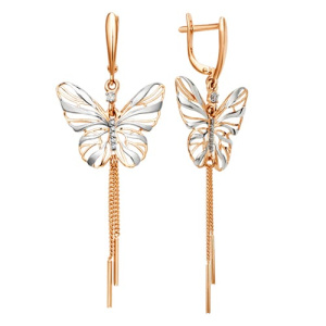 Золотые серьги подвески с фианитами Бабочки DINASTIA 001752-1102