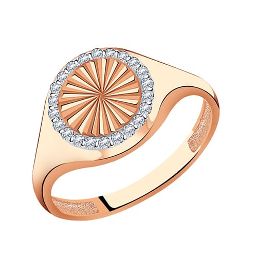 Золотое кольцо печатка с алмазной гранью и фианитами Круг Красносельский ювелир АКд658-3923