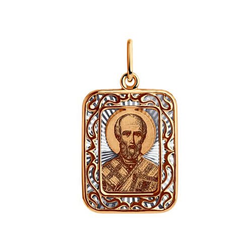 Золотая подвеска икона Святитель архиепископ Николай Чудотворец с алмазной гранью SOKOLOV 104203