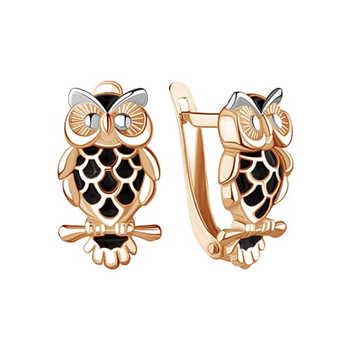 Золотые серьги с эмалью Совы AQUAMARINE 31821