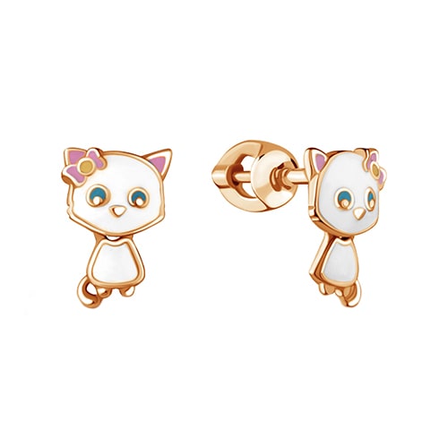 Золотые детские серьги гвоздики с эмалью подвижные Котики AQUAMARINE 33341