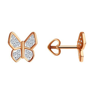 Золотые серьги гвоздики пусеты с фианитами Бабочки Diamant 51-122-01884-2