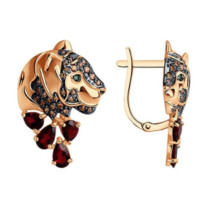 Золотые серьги с гранатами и фианитами Леопарды SOKOLOV 727571