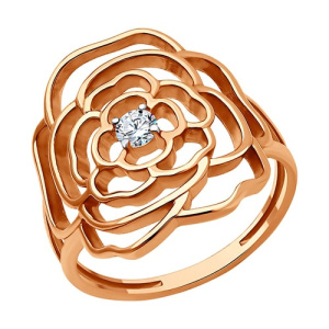 Золотое кольцо с фианитом широкое Цветок роза SOKOLOV 019454