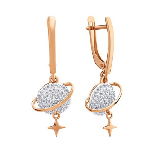 Золотые серьги подвески с фианитами Спутник планета DINASTIA 035762-1102