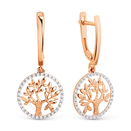 Золотые серьги подвески с фианитами Дерево жизни DINASTIA 032012-1102