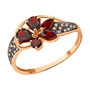 Золотое кольцо с гранатами и фианитами цветок SOKOLOV 716288