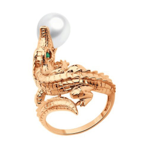 Золотое кольцо с жемчугом и фианитами Крокодил аллигатор кайман SOKOLOV 791244