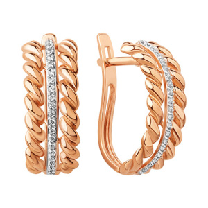 Золотые серьги широкие с фианитами плетеные DINASTIA 023812-1102