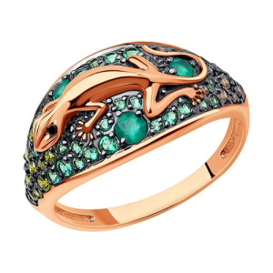 Золотое кольцо с зелеными агатами и фианитами Ящерица SOKOLOV 716658