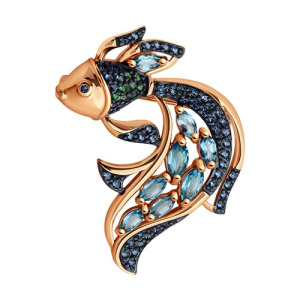 Золотая брошь с топазами swiss и фианитами Рыбка SOKOLOV 740402