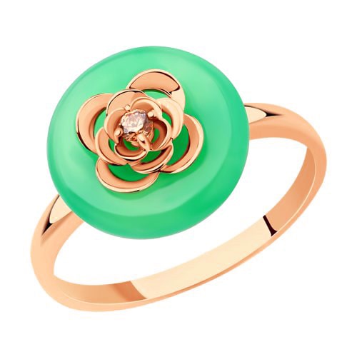 Золотое кольцо круг с хризопразом и фианитами Цветок SOKOLOV 716558