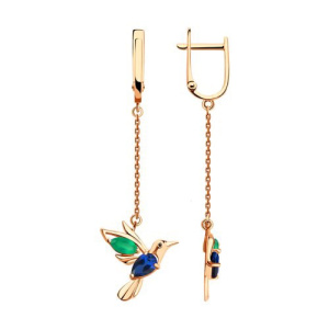 Золотые серьги подвески колибри с зелеными агатами и сапфировыми корундами Diamant 51-321-01311-2