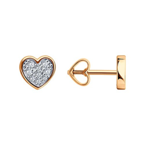 Золотые серьги гвоздики пусеты с фианитами Сердца Diamant 51-122-02862-1