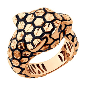 Золотое кольцо с фианитами и эмалью объемное Пантера гепард леопард SOKOLOV 019355